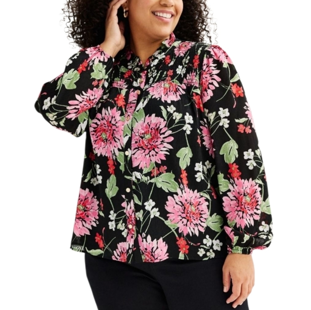 Draper James RSVP Womens Plus Size 1X Floral Black Pink Top Flowers Blouse Shirt